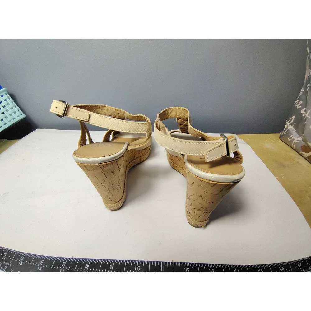 Franco Sarto Womens‎ Cream Leather Braided T-Strap Cork Espadrille Wedge Sandals